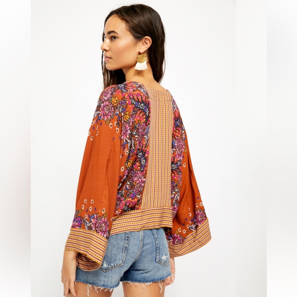 Free People Womens Rust Brown Mix N Match Floral Cropped Blouse Top size XS - Picture 3 of 6